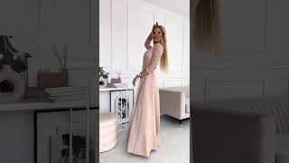 Dlouhé béžové šaty "Amber" s krajkovým živůtkem a 3/4 rukávy 