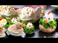Stuffed eggs - Chicken in the nest, ducklings and lambs with enoki mushrooms. Egg appetizers!