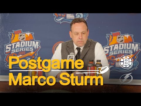 Marco Sturm speaks to the media after the Bruins SO loss to the Lightning at the Stadium Series game