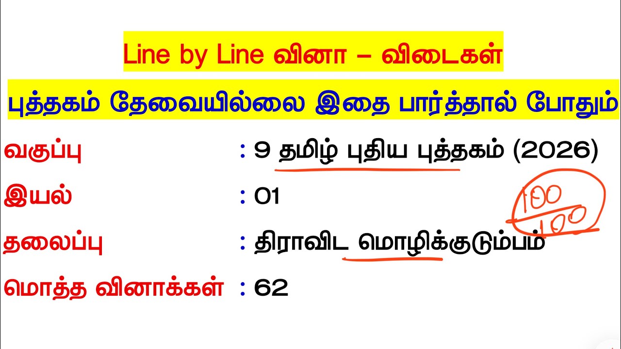 9th தமிழ் - இயல் 01 - திராவிட மொழிக்குடும்பம் - Line By Line Questions