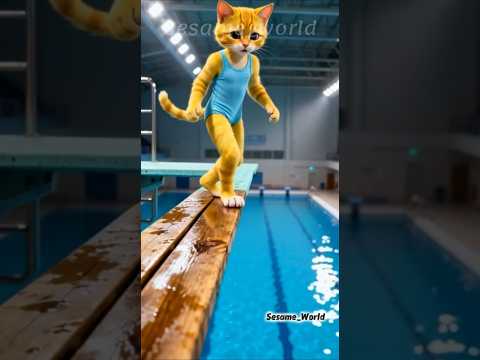 القط سمسم خائف يقفز في حمام السباحة 🥺