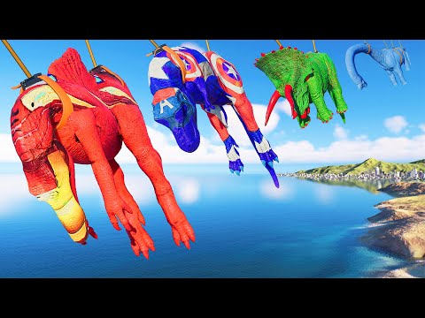 (🦖Jurassic World Evolution 2)Iron Man Spino,Captain T-Rex,Triceratops,Brachiosaurus Dinosaurs Fight