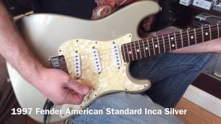 Video thumbnail for 1997 Fender American Standard Stratocaster Electric Guitar Inca Silver by Morrell Music Company