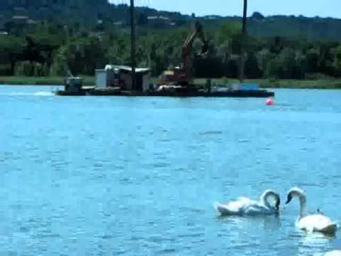 Una gru in barca nel lago di Varese