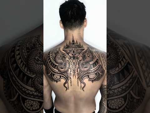 Twin Snake Full Back Tattoo | Black & Grey Sacred Geometry 🐍🐍