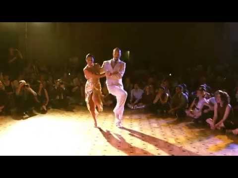  Erna Dolcet  and  Santiago Giachello  are  dancing  to  the  milonga  "  Candombeando  "  by  Alberto Castillo  at  Brussels Tango Festival  in  2014