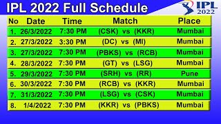 IPL T20 2022 Full Schedule & Time Table || STARTING DATE - 26/03/2022