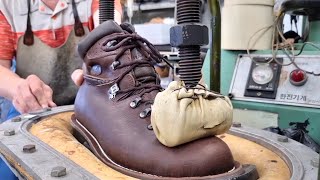 Process of Making Strong Hiking Boots from Thick Cowhide leather. Handmade Shoe Craftsman