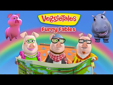 VeggieTales Furry Fables title with three pig characters studying a map against a rainbow backdrop, a pink pig on the left and a hippo on the right.