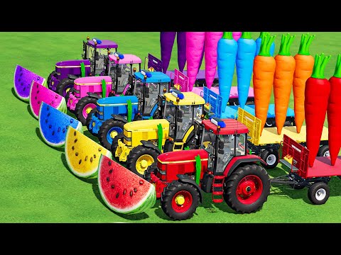 TRANSPORTING GIANT WATERMELON & CARROT WITH JOHN DEERE POLICE TRACTORS ON PARKOUR! FS22