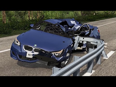 How to crash cars by hitting the metal barrier on the road - BeamNG Drive