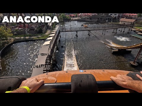 ANACONDA Splash Water Coaster in Amusement Park Energylandia Zator Poland POV 4k video, Front seat