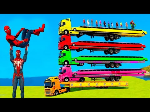 GTA Game Carrying Truck car Police bus Ferrari Lamborghini Bugatti In Giant Trailer with Spiderman