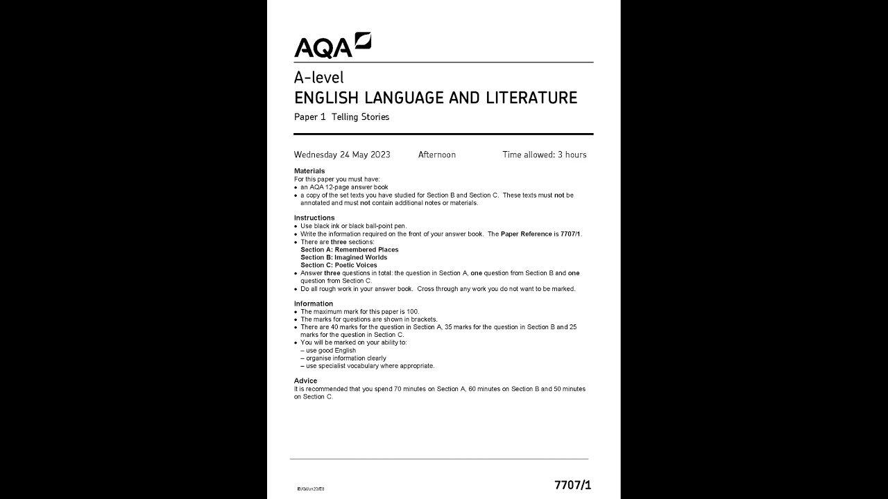 AQA A Level English Language And Literature Paper 1 May 2023 Question Paper 7707 1 Telling Stories