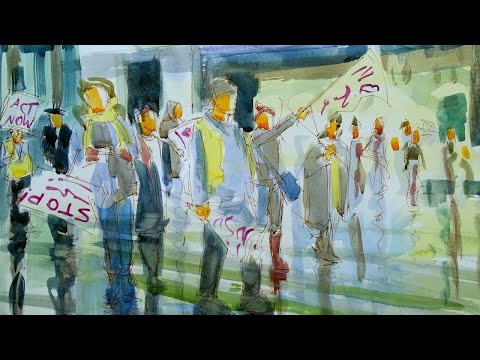 Street protest loose and lively watercolour painting