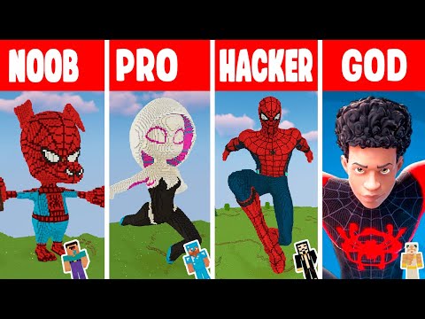 Minecraft SPIDER-MAN: INTO THE SPIDER-VERSE 2 STATUE BUILD CHALLENGE - NOOB vs PRO vs HACKER vs GOD