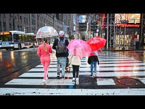 Heavy downpour at Times Square, Midtown Manhattan rain walk