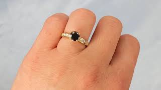 Round Black Diamond Ring, Vintage Engagement Ring, Art Deco 18k Solid Gold Ring