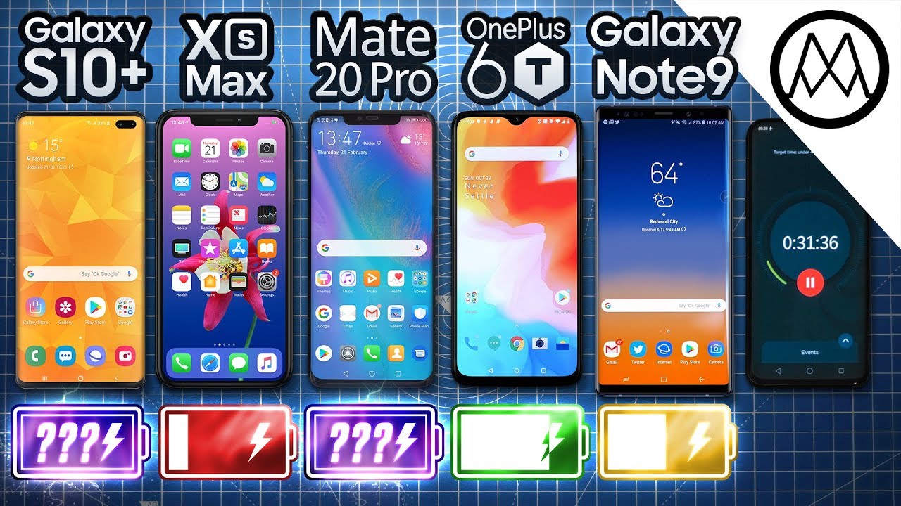 Samsung S10+ vs iPhone XS Max / Mate 20 Pro / OnePlus 6T / Galaxy Note 9 Battery Life DRAIN TEST