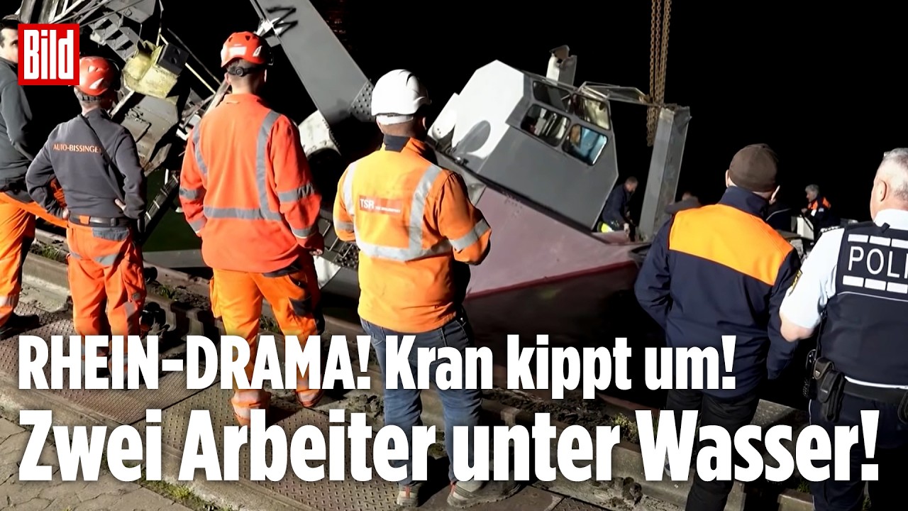 BADEN-WÜRTTEMBERG: Dramatisch! Kran kippt in den Rhein und zieht zwei Arbeiter unter Wasser!