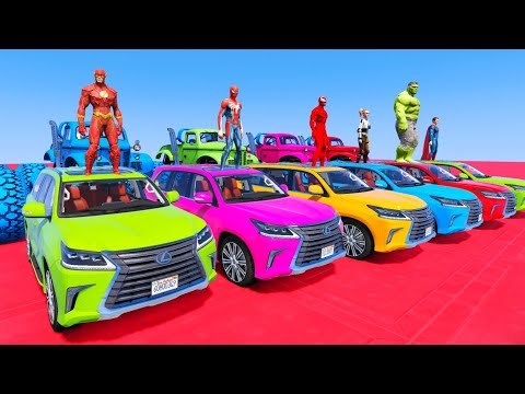 SUPERHERO CARS Race on RIVER Ramp Challenge ! SPIDERMAN HULK Goku TANK FIRE MONSTER Trucks - GTA V