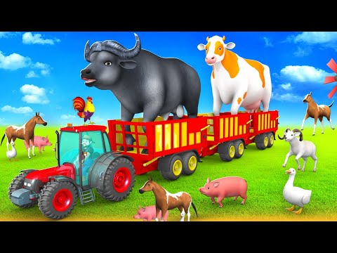 Giant Cow and Buffalo Transport in Tractor - Cow, Pig, Elephant, Duck, Goat, Horse Animal Cartoons