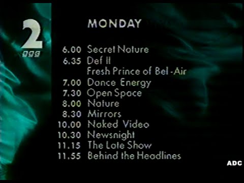 BBC2 trailer, menu, clock & closedown announcer Roger Maude 17th November 1991