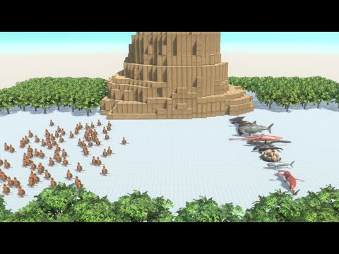 Flying and Swimming Team vs 100 Ancient Humans Army Animal Revolt Battle Simulator