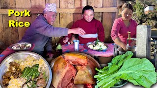 Download lagu Local Pork & Green Mustard (Rayo) recipe with rice Cooking and Eating सुङ्गुर को मासु र रायोको साग mp3