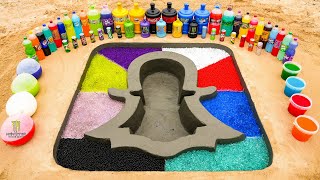 How to make Snapchat Logo with Cement & Rainbow Orbeez, Fanta, Monster, Big Coca Cola vs Mentos