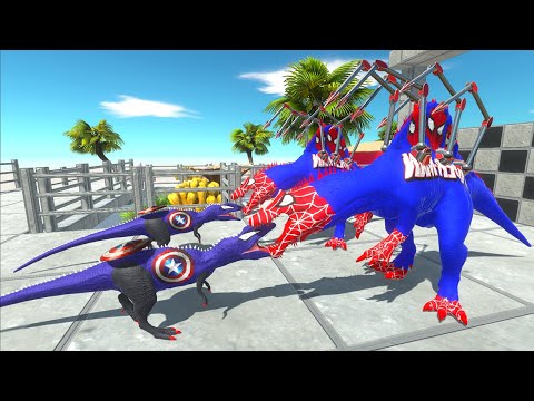 2x CAPTAIN AMERICA CARCHAR vs 2x SPIDERMAN SPINOSAURUS DEATH RUN - Animal Revolt Battle Simulator