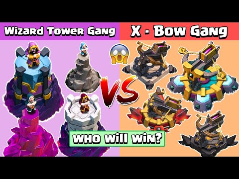 4x Max Wizard Tower VS 4x Max X-Bow Vs All Troops | Clash of Clans