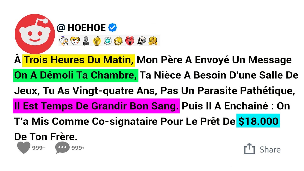 À Trois Heures Du Matin, Mon Père A Envoyé Un Message : On A Démoli Ta Chambre, Ta Nièce A Besoin...