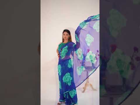 Royal Blue Elegant Chiffon Saree with Floral Print & Lace Border – Unstitched Banglory Blouse