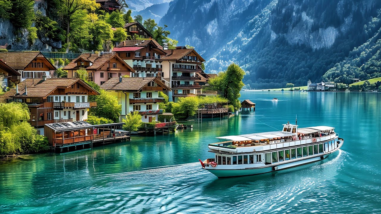 SWITZERLAND - A VILLAGE OF EXCESSIVE BEAUTY  - TURQUOISE LAKE AND TRADITIONAL HOUSES