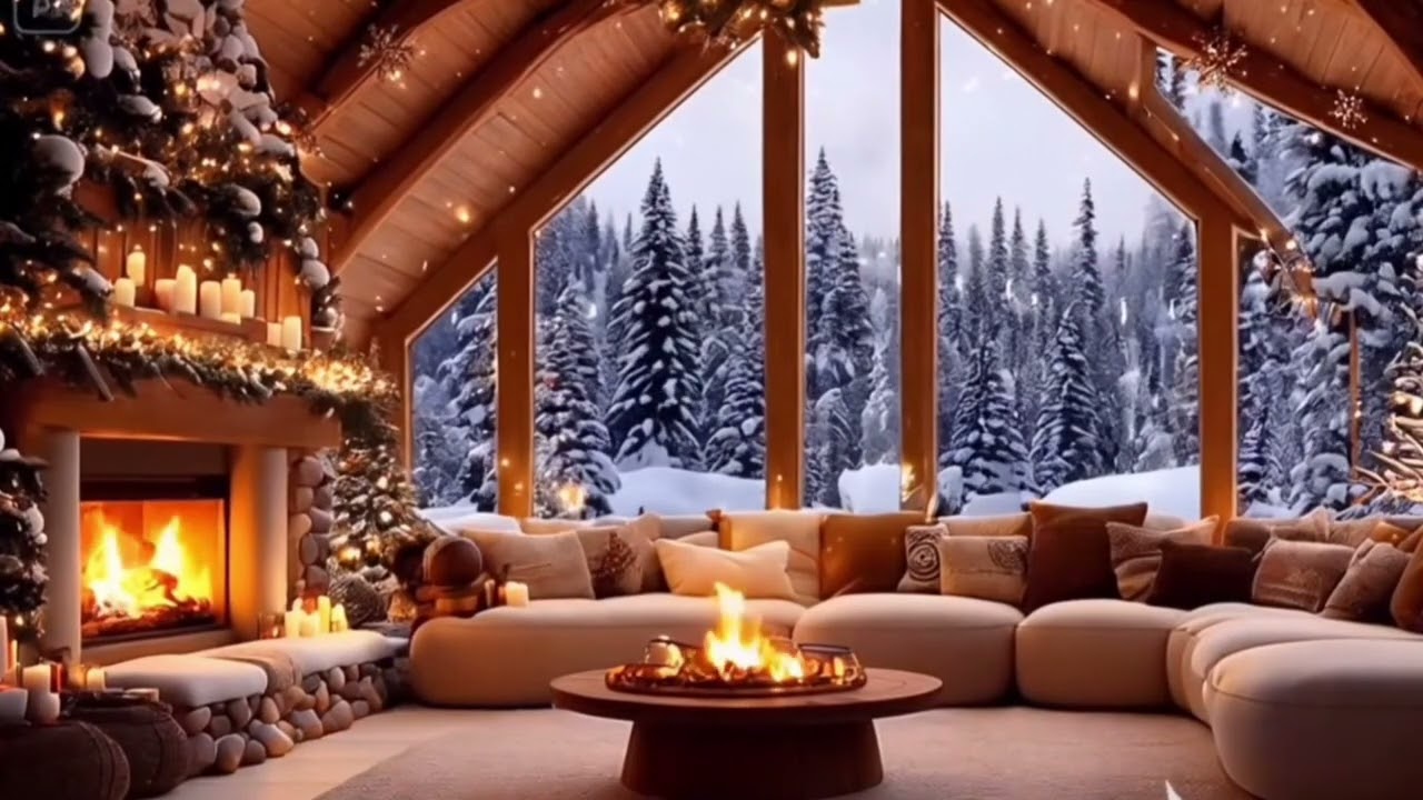 Jazz Relaxing Music & Warm Fireplace Sounds in Cozy Winter Cabin Ambience to Work, Study, Deep Sleep