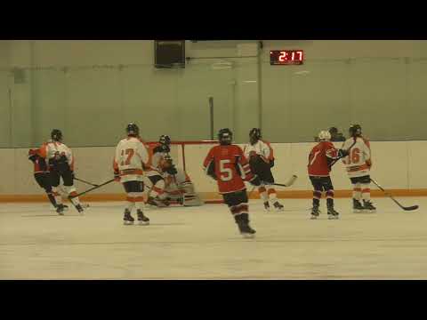 VS TrailsWest, Period 1, Patrick takes a hit, Aden and Spencer pass down low, Morgan takes it up ice