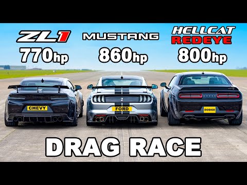 Ford Mustang v Chevy Camaro v Dodge Hellcat Redeye: DRAG RACE