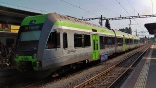 preview picture of video 'Murten (Môrat) - S-Bahn Bern (RABe 535, Lötschberger) - FLIRTs der tpf (RABe 527) - Stadtbilder'