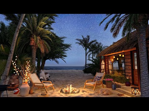 Cozy Beach House in Summer Night Ambience with Campfire, Crickets & Relaxing Ocean Sounds for Sleep