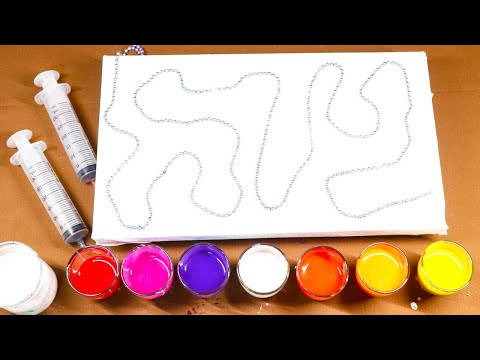 Chain pull painting with a large syringe - Acrylic pour painting Red colors - fluidcomet