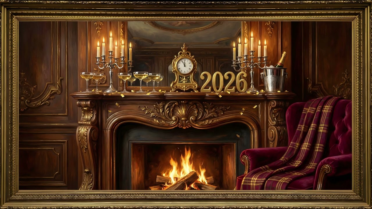 Traditional NYE Fireplace Gold Frame TV Art | 2 Hours 4K — 4K ambient art screensaver in baroque gold frame