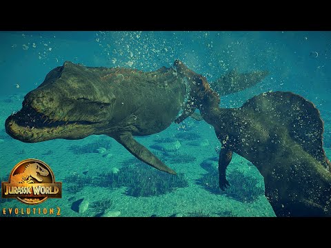 Marine Spinosaurus Mutation VS Mosasaurus Giant Dinosaur - Fight - Jurassic World Evolution 2