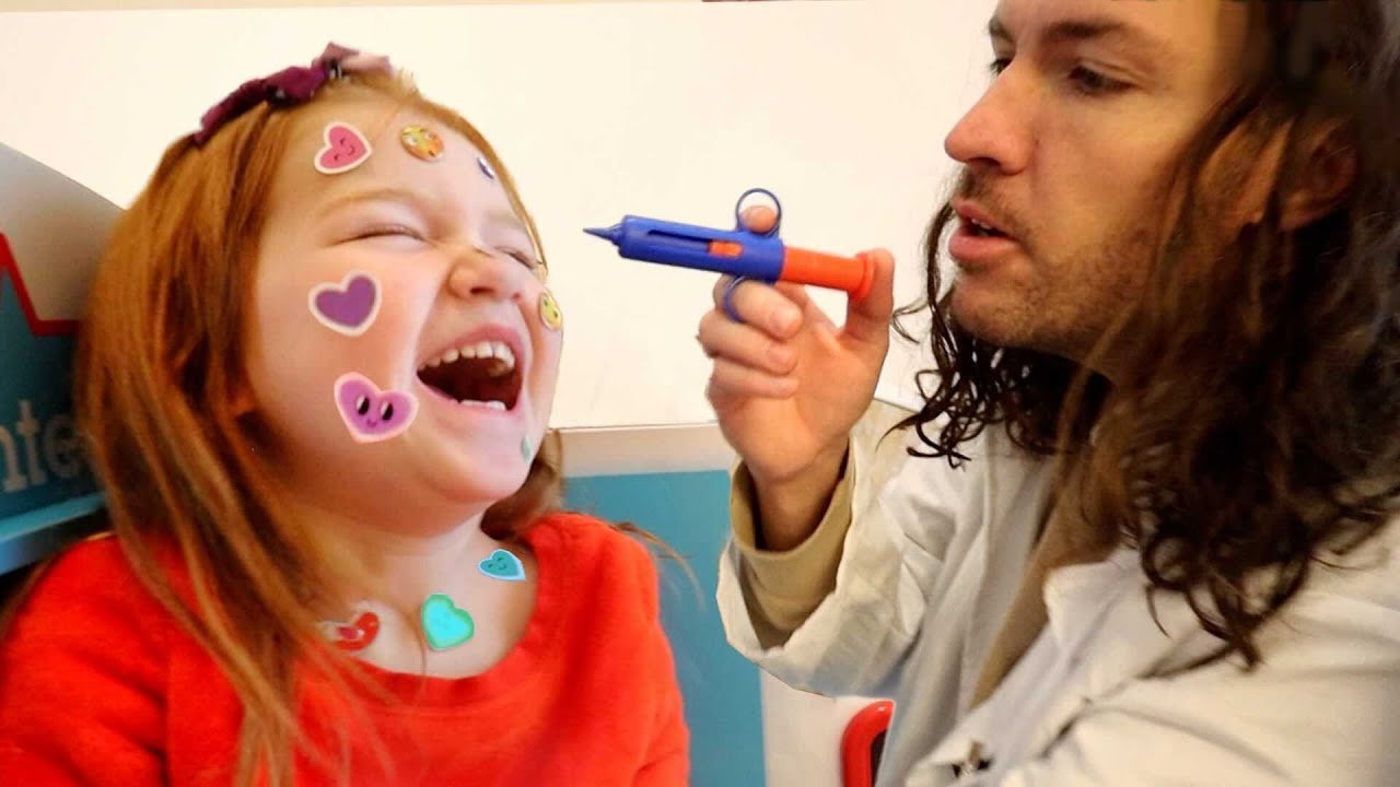 Adley has STiCKER POX!! Brave Doctor visit with Nurse Mom and 2 Shots from Dr Dad new play pretend