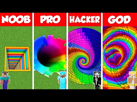 Minecraft Battle: NOOB vs PRO vs HACKER vs GOD: RAINBOW TUNNEL PIT HOUSE BUILD CHALLENGE / Animation