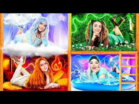 Vier Elemente Bauen ein Etagenbett! Feuer-Mädchen, Wasser-Mädchen, Luft-Mädchen und Erde-Mädchen