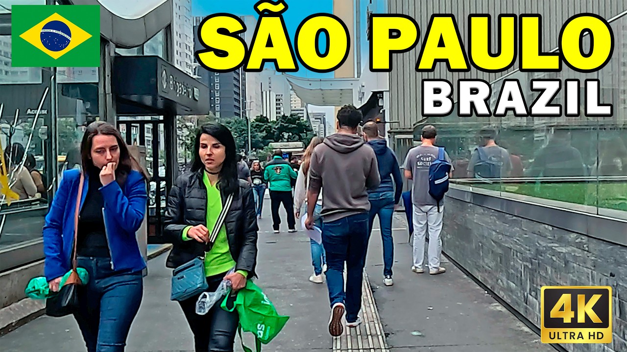 Immersive street-level walking tour through Sao Paulo Paulista Avenue, Brazil, showcasing authentic urban landscapes, local architecture, and the vibrant atmosphere of the city's neighborhoods