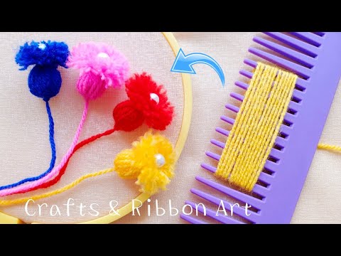 Amazing Woolen Flower Making Ideas with Hair Comb - Hand Embroidery Easy Trick - DIY Woolen Flowers