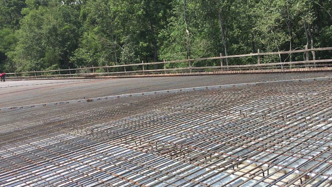 Steel reinforcement on a concrete pavement on bridge