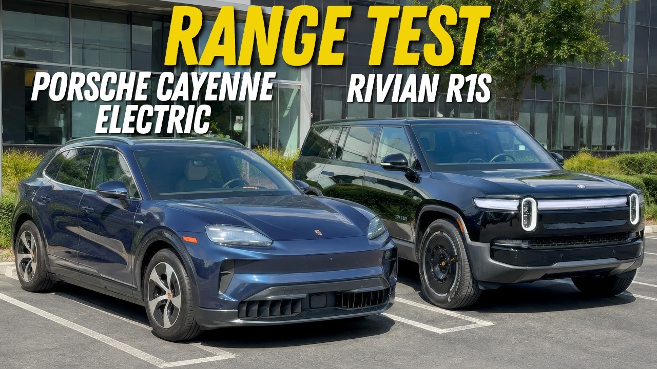 Porsche Cayenne Electric and Rivian R1S staged side by side for a highway range test